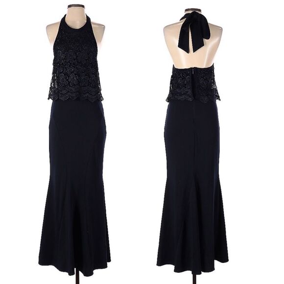 Lulus Sociable Navy Blue Lace Halter Maxi Long Dress Size XS High Neck Formal - Picture 2 of 11